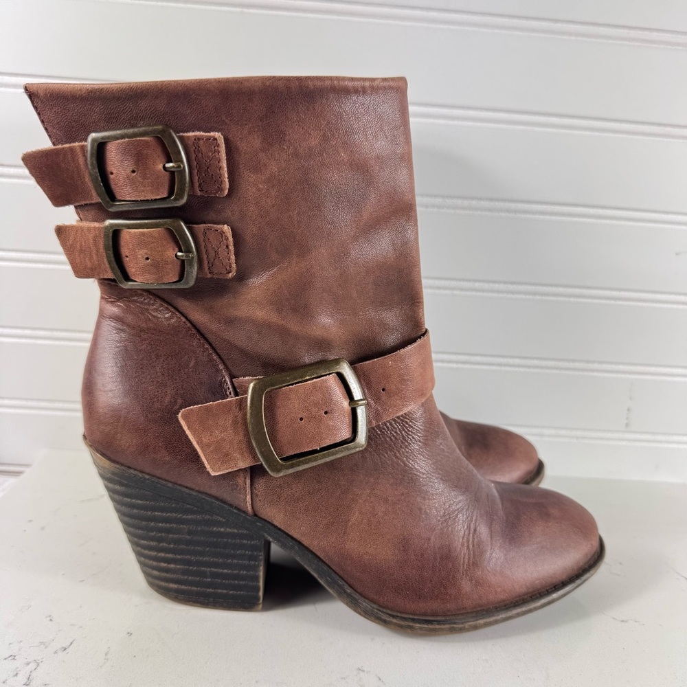 Lucky Brand Leather Ankle Boots Size 8M Women Brown Buckle Strap Heel Tommie